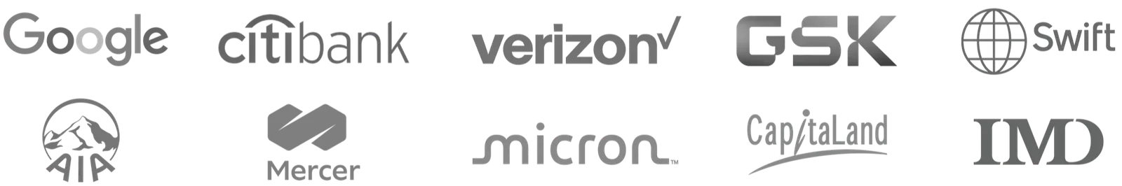 Logos of organisations Charlie Ang has worked with, including Google, Citibank, Verizon, GSK, Swift, AIA, Mercer, Micron, CapitaLand and IMD